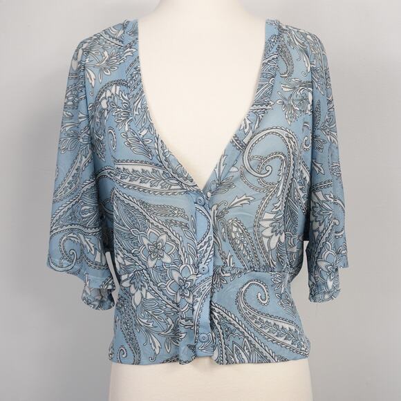 Vtg Y2K New York & Company Blue Paisley Sheer Cardigan Button Front Blouse - Picture 1 of 7